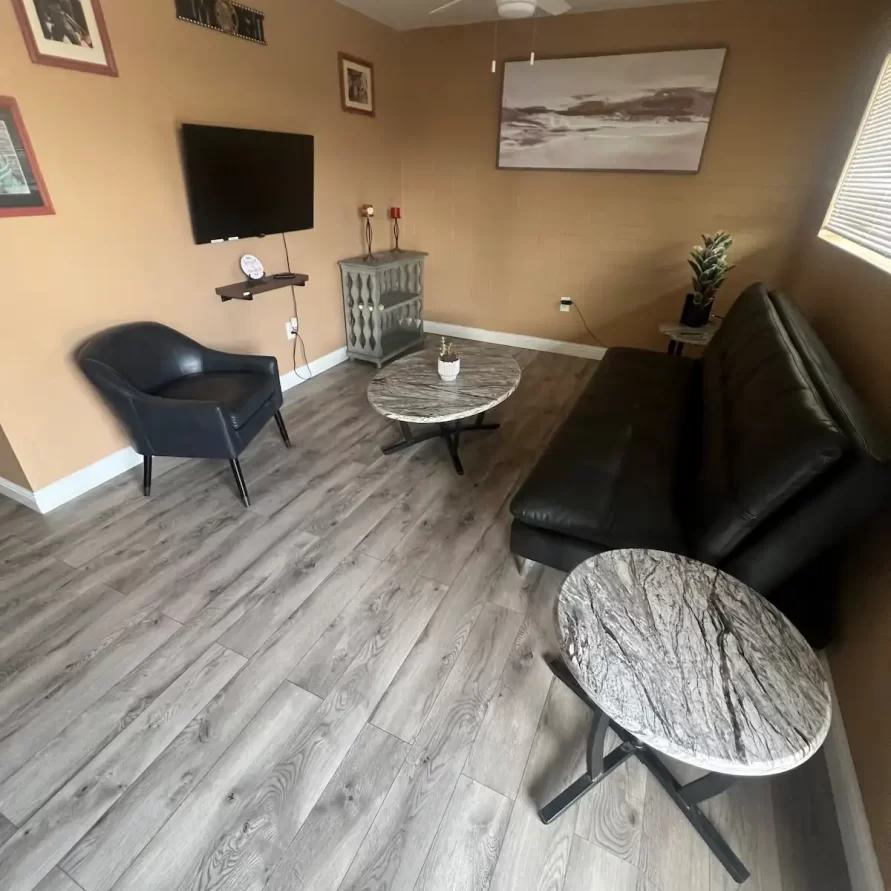 Living room with dining area at The Haven River Lodge rental