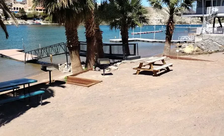 Picnic area with palm trees at The Haven River Lodge, Bullhead City AZ